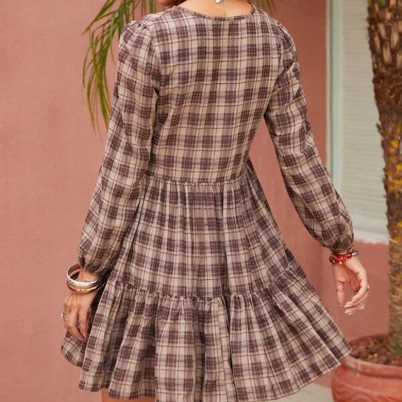 Plaid ruffle hem lantern sleeve dress Tan - Picture 3 of 7